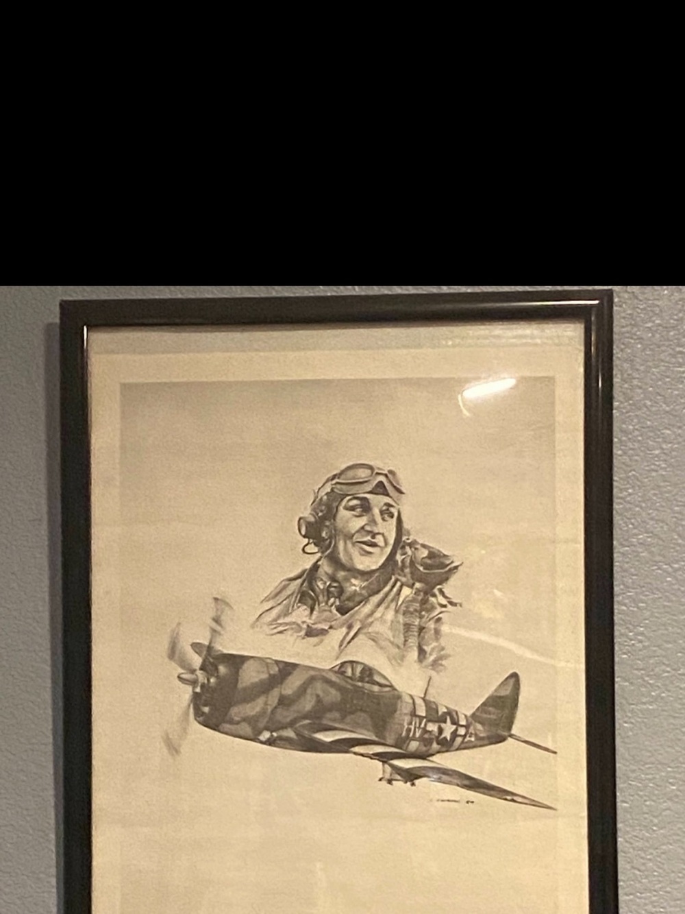 Framed Vintage Pilot & Fighter Plane Art - Black Frame, Cream Print